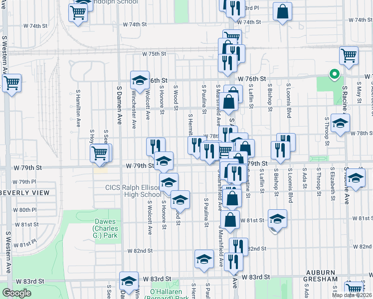 map of restaurants, bars, coffee shops, grocery stores, and more near 7836 South Hermitage Avenue in Chicago