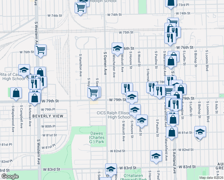 map of restaurants, bars, coffee shops, grocery stores, and more near 7843 South Winchester Avenue in Chicago
