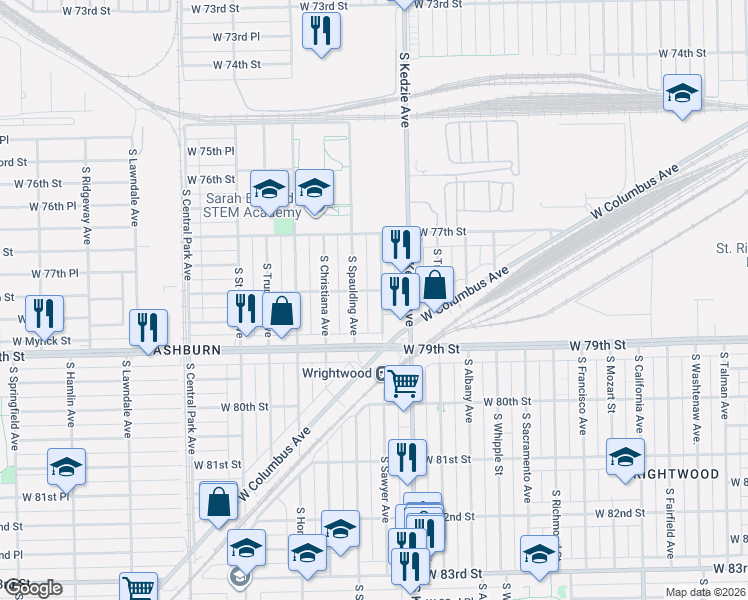 map of restaurants, bars, coffee shops, grocery stores, and more near 7817 South Sawyer Avenue in Chicago