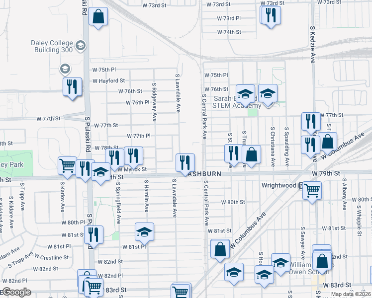 map of restaurants, bars, coffee shops, grocery stores, and more near 7805 South Reilly Avenue in Chicago