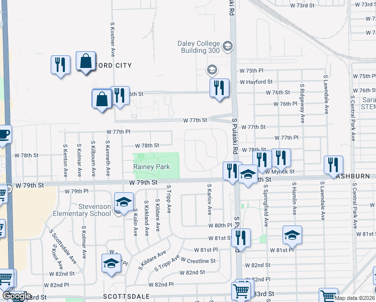 map of restaurants, bars, coffee shops, grocery stores, and more near 7835 South Keeler Avenue in Chicago