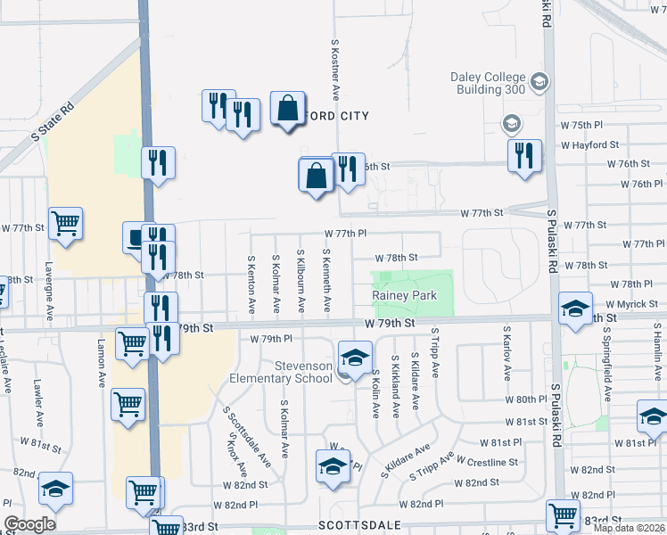 map of restaurants, bars, coffee shops, grocery stores, and more near 7814 South Kostner Avenue in Chicago