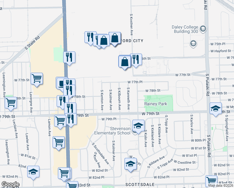 map of restaurants, bars, coffee shops, grocery stores, and more near 7801 South Kolmar Avenue in Chicago