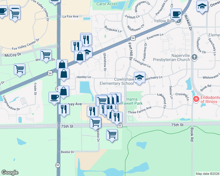 map of restaurants, bars, coffee shops, grocery stores, and more near 1026 Ravendale Court in Naperville