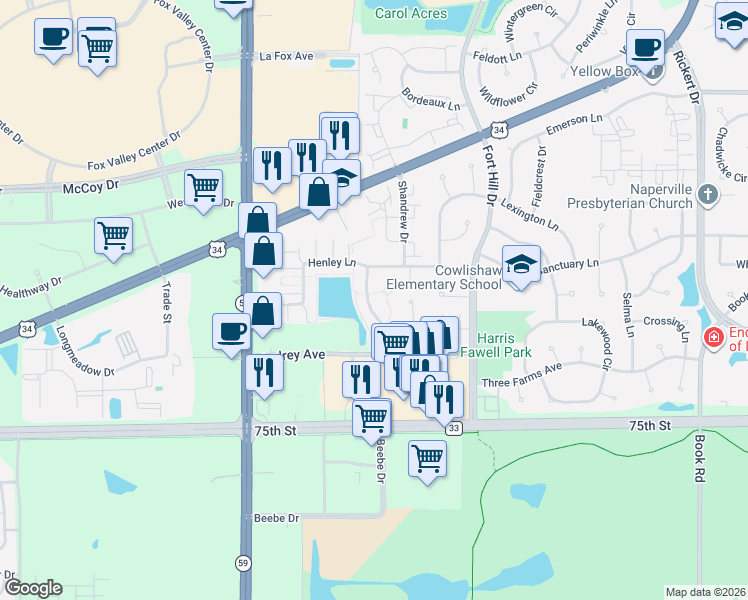 map of restaurants, bars, coffee shops, grocery stores, and more near 2784 Blakely Lane in Naperville