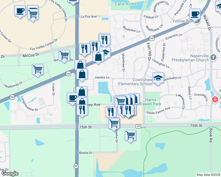 map of restaurants, bars, coffee shops, grocery stores, and more near 2769 Blakely Lane in Naperville