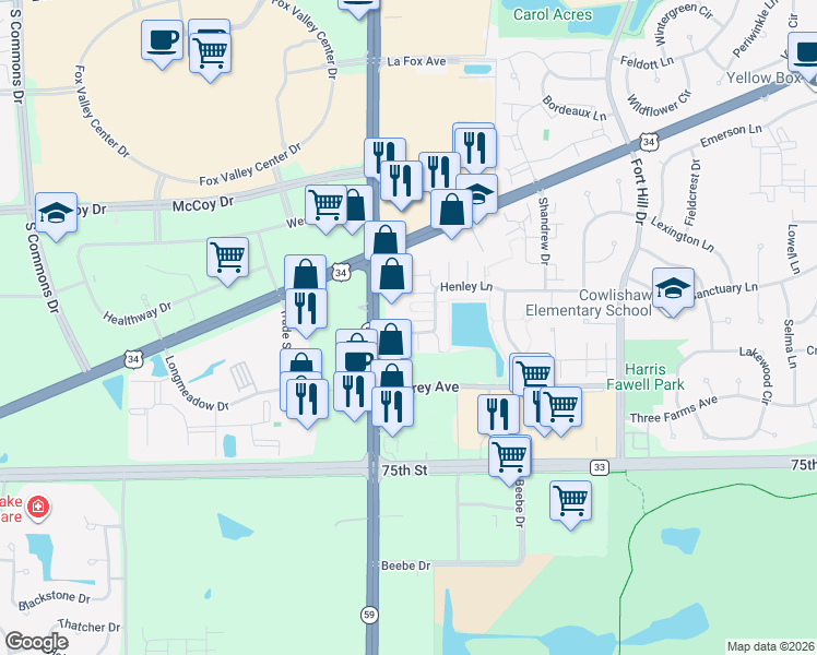 map of restaurants, bars, coffee shops, grocery stores, and more near 2990 Henley Lane in Naperville