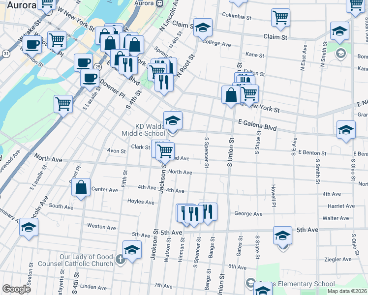 map of restaurants, bars, coffee shops, grocery stores, and more near 560 2nd Avenue in Aurora