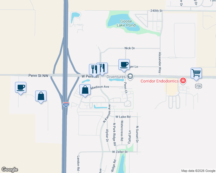 map of restaurants, bars, coffee shops, grocery stores, and more near 550 Madison Avenue in North Liberty
