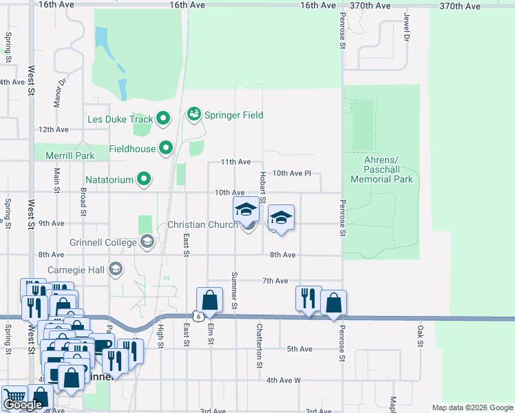 map of restaurants, bars, coffee shops, grocery stores, and more near 1401-1499 Hobart St in Grinnell