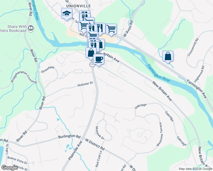 map of restaurants, bars, coffee shops, grocery stores, and more near 48 Forest Street in Farmington