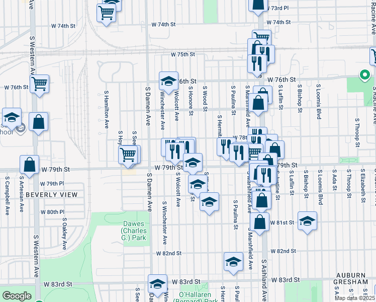 map of restaurants, bars, coffee shops, grocery stores, and more near 7822 South Honore Street in Chicago