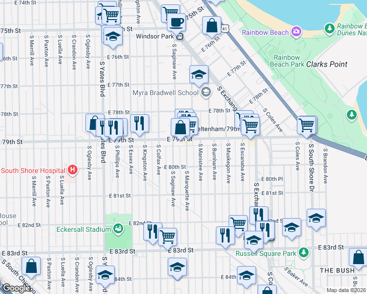 map of restaurants, bars, coffee shops, grocery stores, and more near 7914 South Marquette Avenue in Chicago