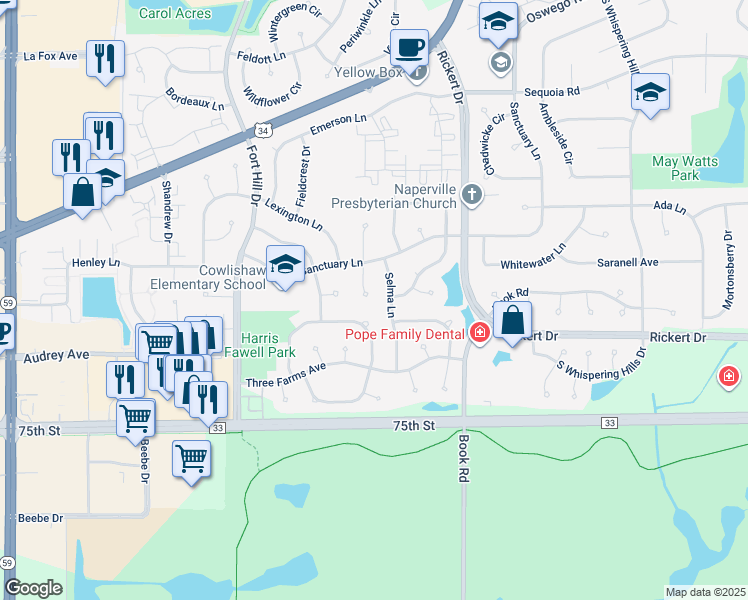 map of restaurants, bars, coffee shops, grocery stores, and more near 1028 Meagan Court in Naperville