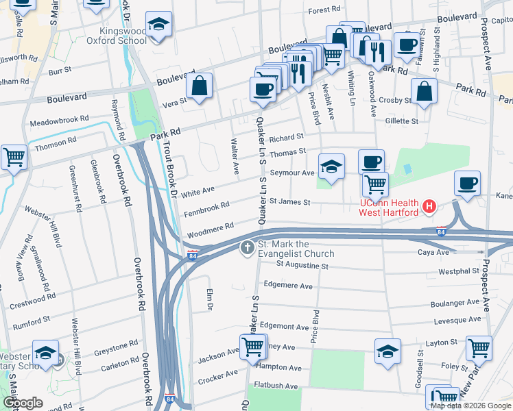 map of restaurants, bars, coffee shops, grocery stores, and more near 398 Quaker Lane South in West Hartford