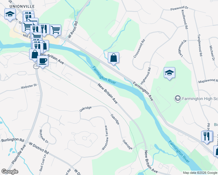 map of restaurants, bars, coffee shops, grocery stores, and more near 277 New Britain Avenue in Farmington