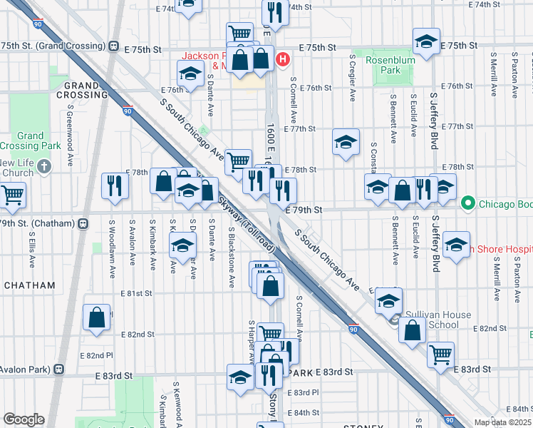 map of restaurants, bars, coffee shops, grocery stores, and more near 7900 S Stony Island Ave in Chicago