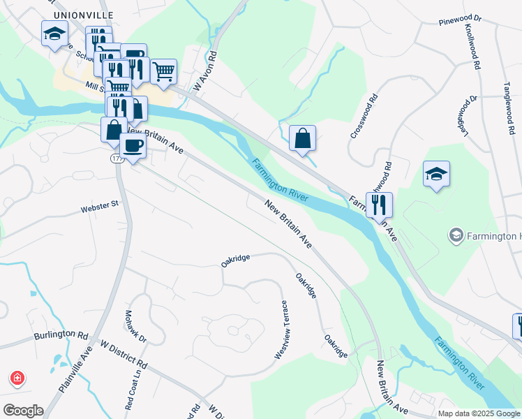 map of restaurants, bars, coffee shops, grocery stores, and more near 227 New Britain Avenue in Farmington