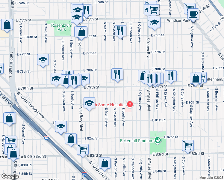 map of restaurants, bars, coffee shops, grocery stores, and more near 7900 South Paxton Avenue in Chicago