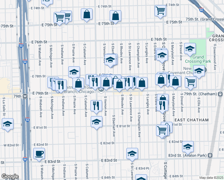 map of restaurants, bars, coffee shops, grocery stores, and more near 458 East 79th Street in Chicago