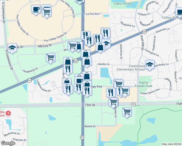 map of restaurants, bars, coffee shops, grocery stores, and more near 2990 Henley Lane in Naperville
