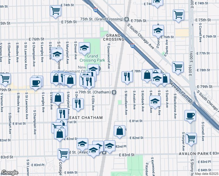 map of restaurants, bars, coffee shops, grocery stores, and more near E 79th St & S Greenwood Ave in Chicago