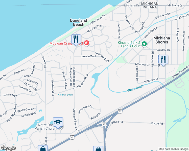 map of restaurants, bars, coffee shops, grocery stores, and more near 304 Arbutus Trail in Michigan City