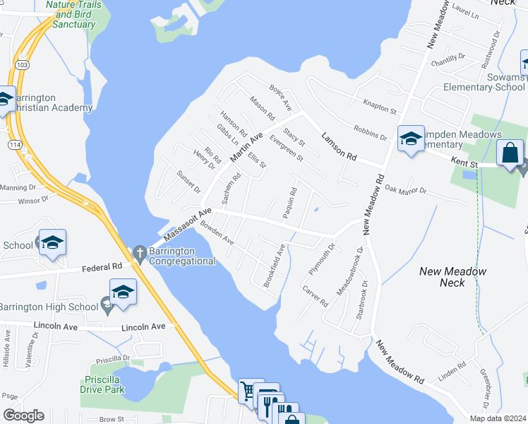 map of restaurants, bars, coffee shops, grocery stores, and more near 4 Anderson Drive in Barrington