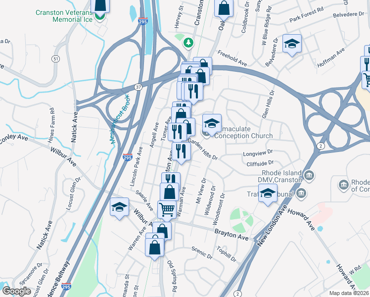 map of restaurants, bars, coffee shops, grocery stores, and more near 774 Oaklawn Avenue in Cranston