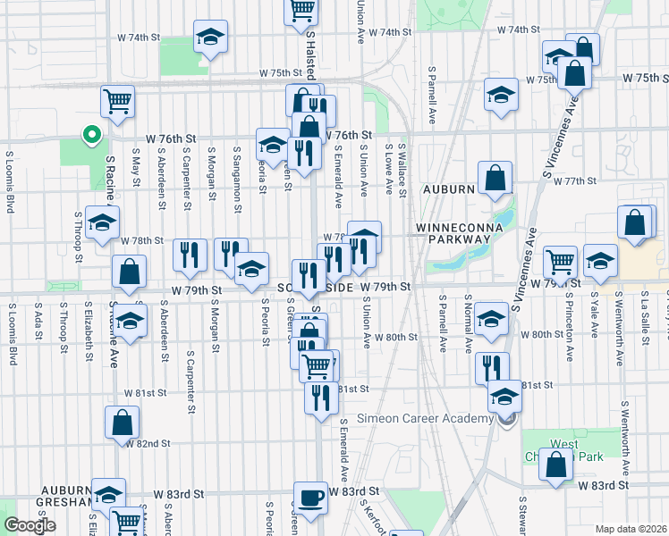 map of restaurants, bars, coffee shops, grocery stores, and more near in Chicago