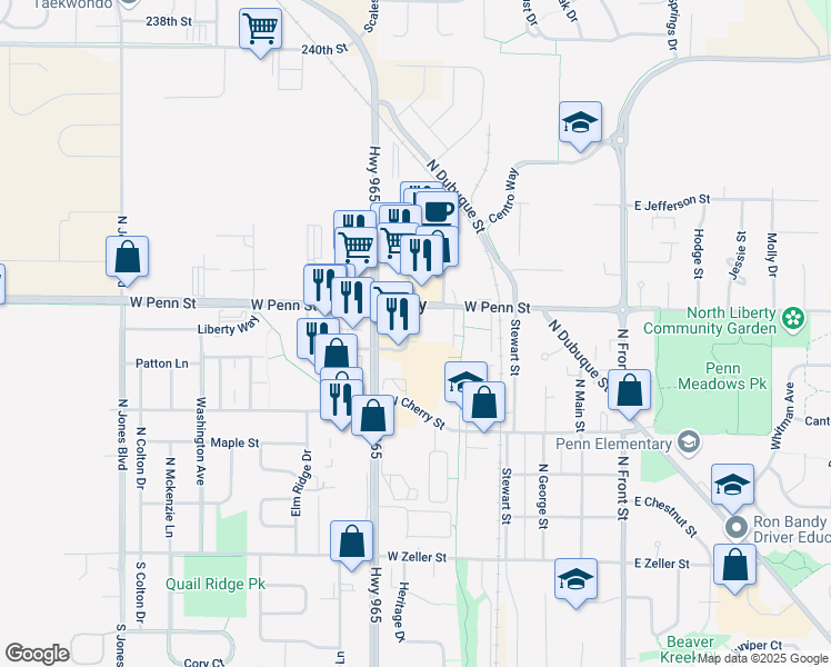 map of restaurants, bars, coffee shops, grocery stores, and more near 515 West Penn Street in North Liberty