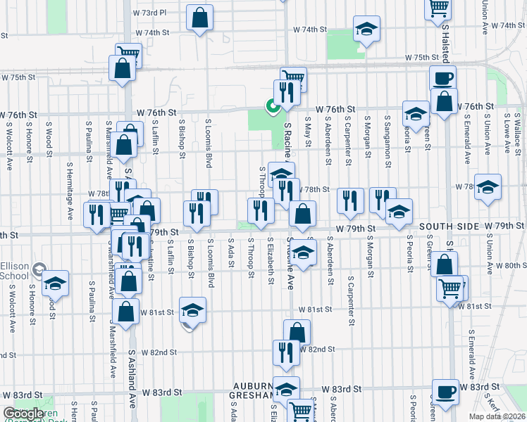 map of restaurants, bars, coffee shops, grocery stores, and more near 1360 West 78th Place in Chicago