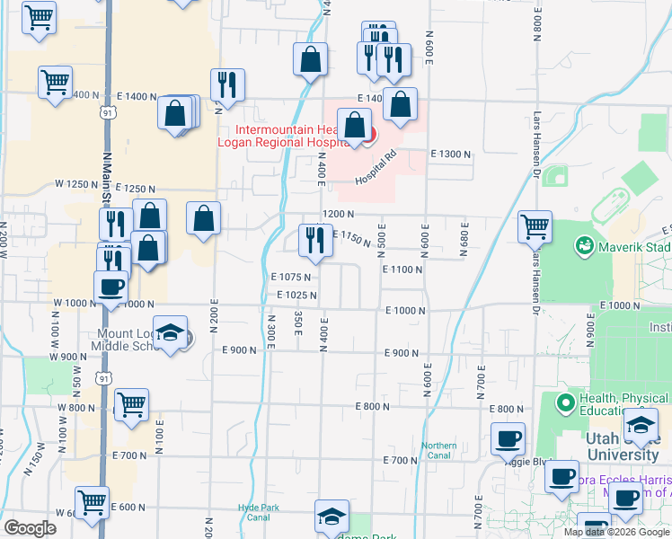 map of restaurants, bars, coffee shops, grocery stores, and more near 1091 Bonneville Avenue in Logan