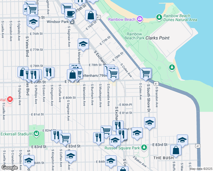 map of restaurants, bars, coffee shops, grocery stores, and more near 7916 South Escanaba Avenue in Chicago