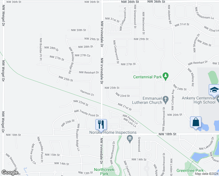 map of restaurants, bars, coffee shops, grocery stores, and more near 2818 Northwest 25th Street in Ankeny