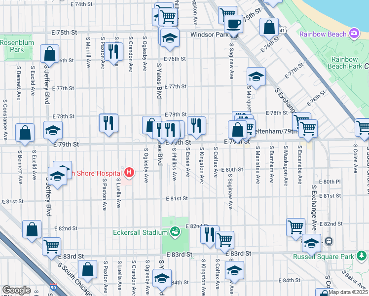 map of restaurants, bars, coffee shops, grocery stores, and more near 7924 South Essex Avenue in Chicago