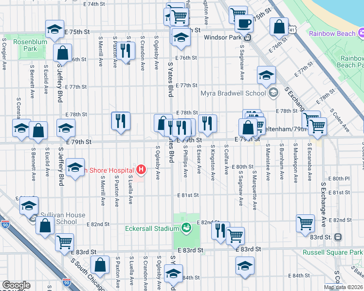 map of restaurants, bars, coffee shops, grocery stores, and more near 7906 South Phillips Avenue in Chicago