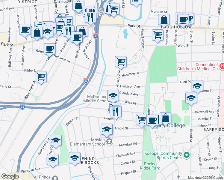 map of restaurants, bars, coffee shops, grocery stores, and more near 137 Glendale Avenue in Hartford