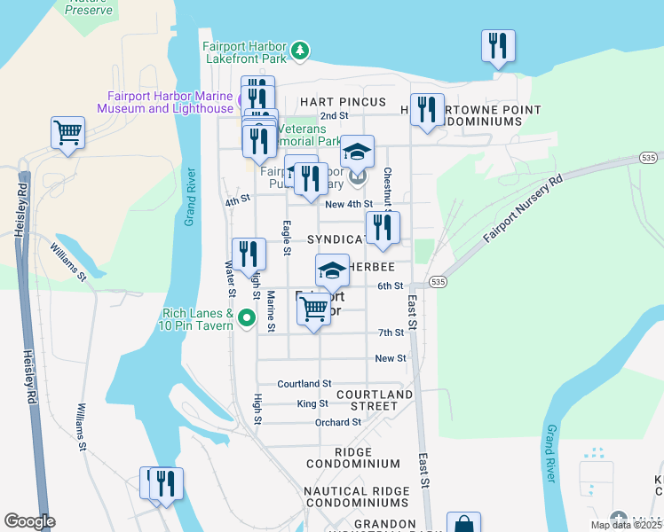 map of restaurants, bars, coffee shops, grocery stores, and more near 419 6th Street in Fairport Harbor