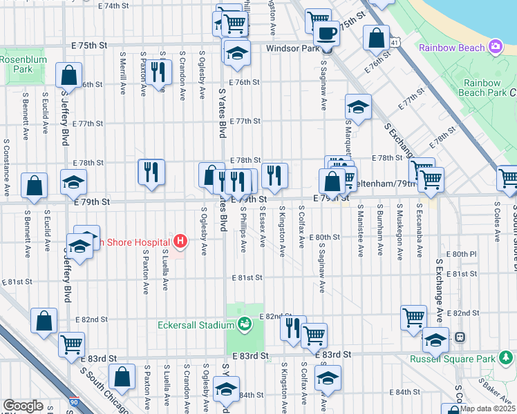 map of restaurants, bars, coffee shops, grocery stores, and more near 7924 South Essex Avenue in Chicago