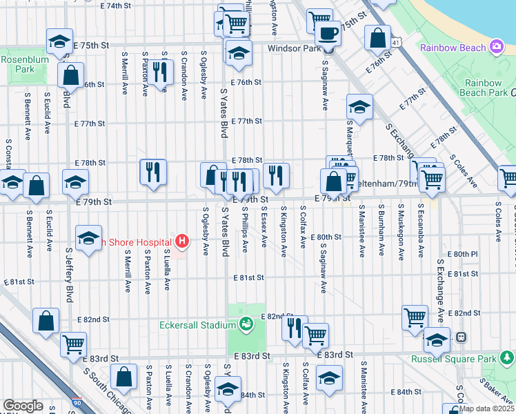map of restaurants, bars, coffee shops, grocery stores, and more near 7924 South Essex Avenue in Chicago