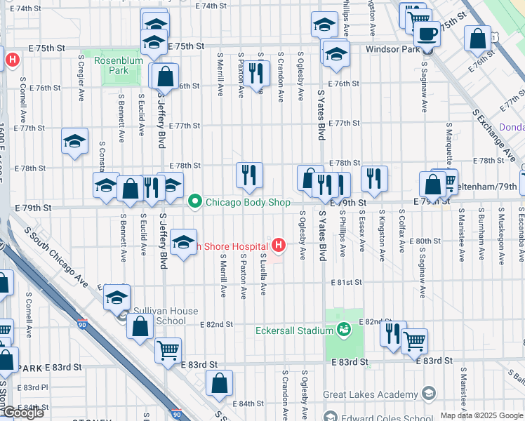 map of restaurants, bars, coffee shops, grocery stores, and more near 7918 South Luella Avenue in Chicago