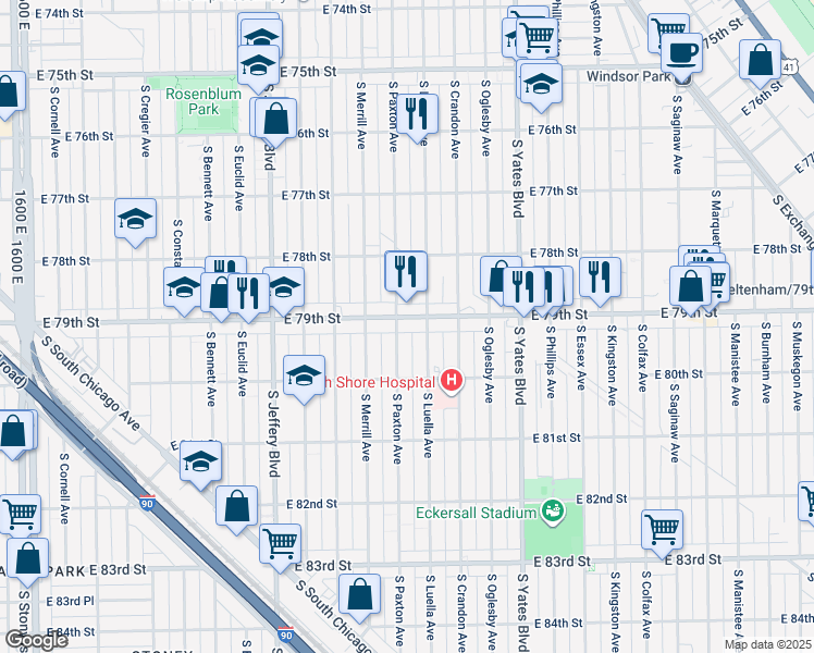map of restaurants, bars, coffee shops, grocery stores, and more near 7918 South Luella Avenue in Chicago
