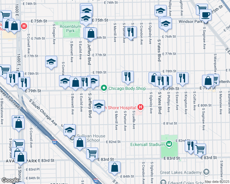 map of restaurants, bars, coffee shops, grocery stores, and more near 7923 South Clyde Avenue in Chicago