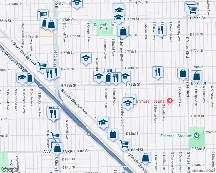 map of restaurants, bars, coffee shops, grocery stores, and more near 7916 South Euclid Avenue in Chicago