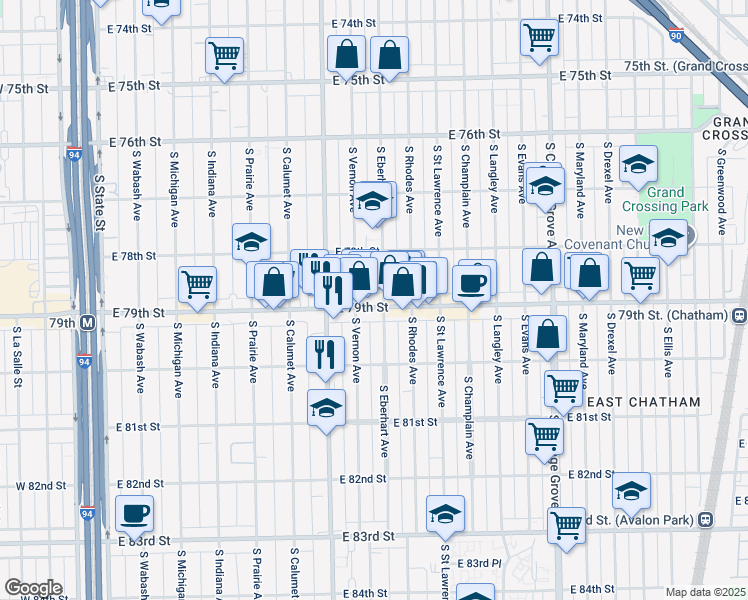 map of restaurants, bars, coffee shops, grocery stores, and more near 458 East 79th Street in Chicago