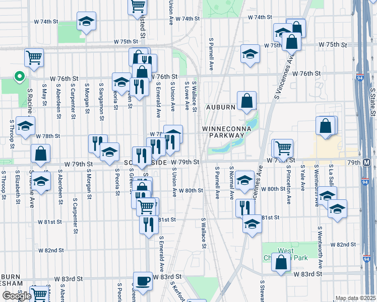 map of restaurants, bars, coffee shops, grocery stores, and more near 632 West 79th Street in Chicago