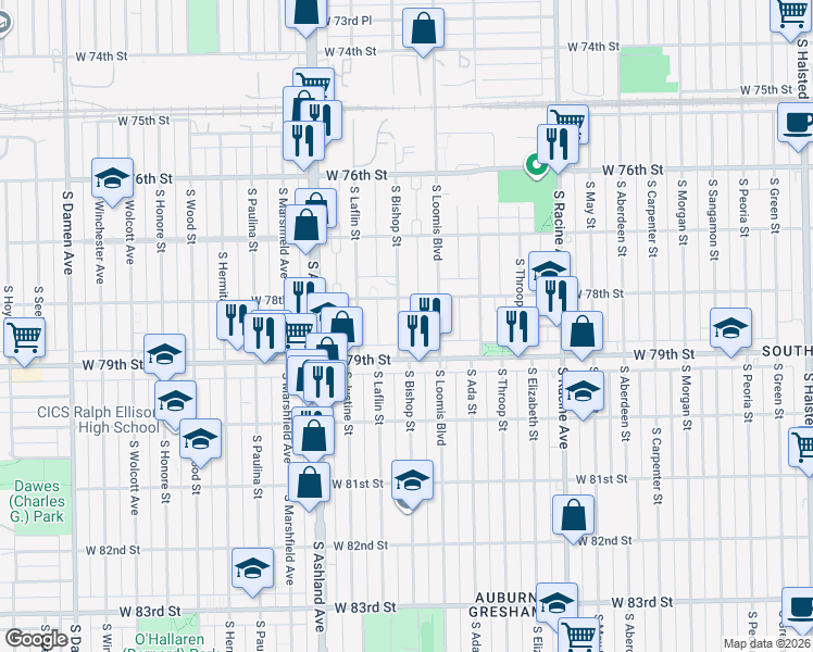 map of restaurants, bars, coffee shops, grocery stores, and more near 7841 South Bishop Street in Chicago