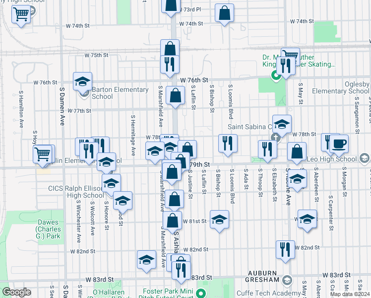 map of restaurants, bars, coffee shops, grocery stores, and more near in Chicago