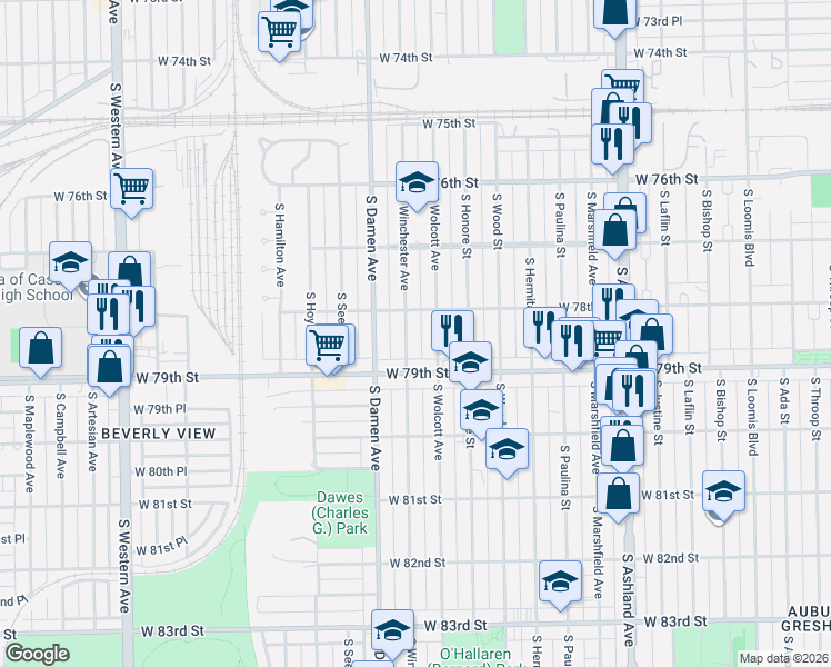 map of restaurants, bars, coffee shops, grocery stores, and more near 7843 South Winchester Avenue in Chicago
